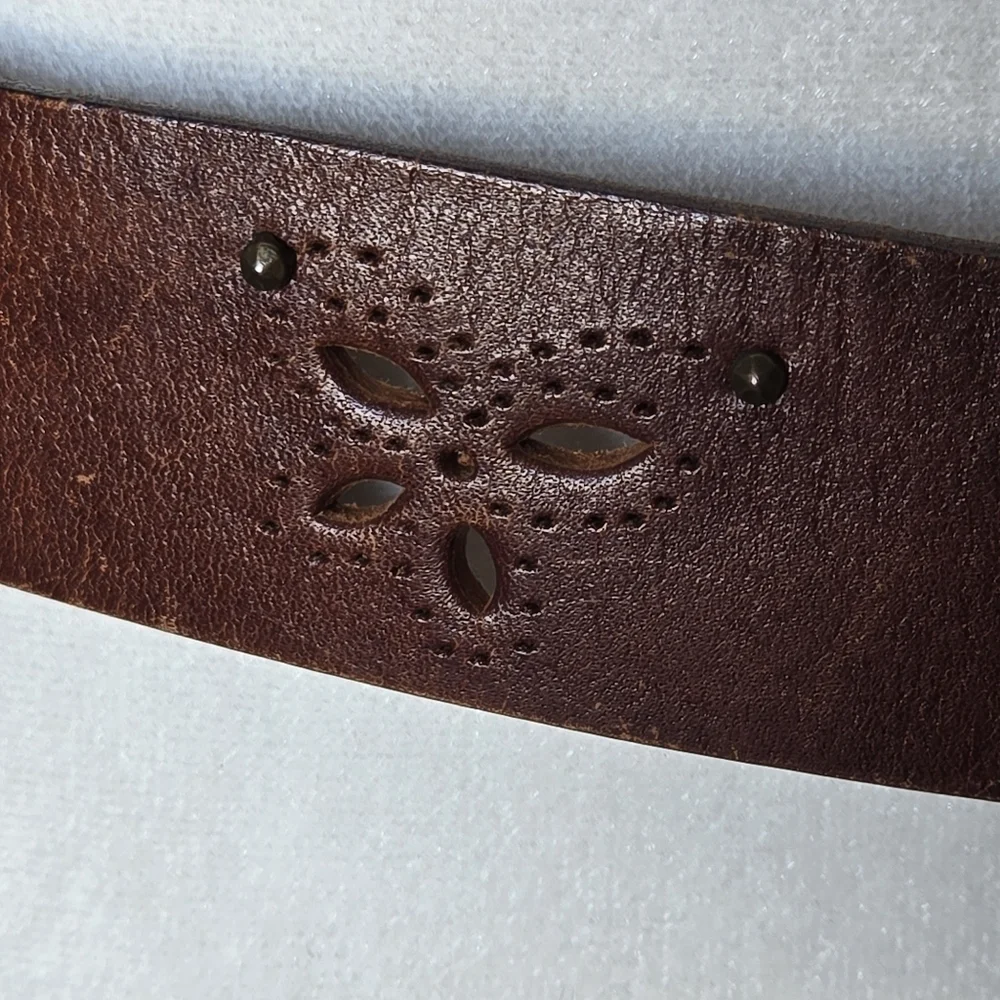 Vintage Western Boho Brown Butterfly Cut-Out Leather Studded Belt Brass Buckle